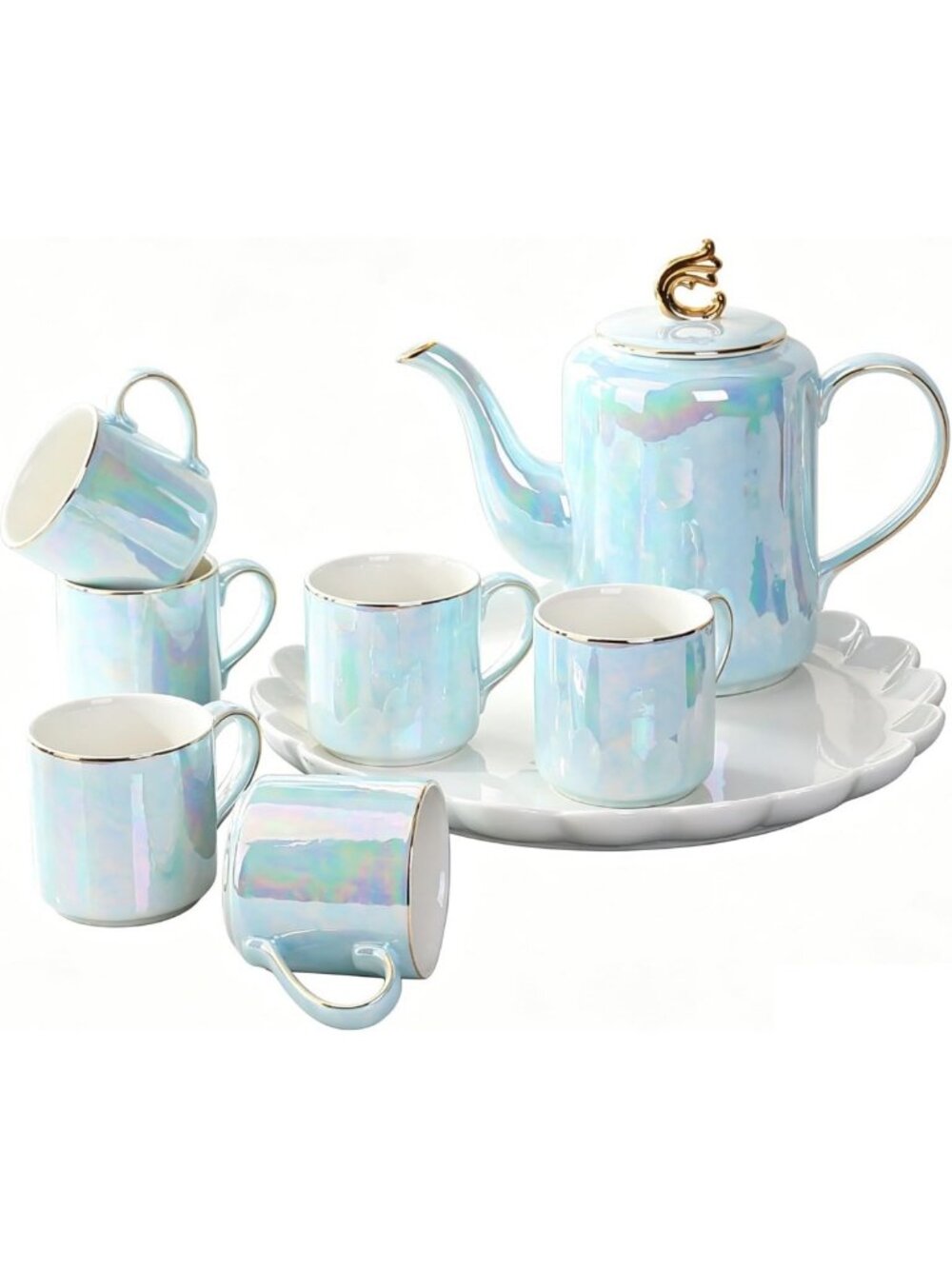 Elegant Ceramic Tea Set with Teapot & 6 Cups, Porcelain Coffee Service, Light